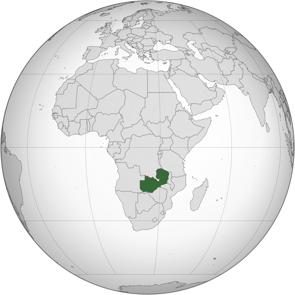 Orthographic projection of the globe with Zambia highlighted in green